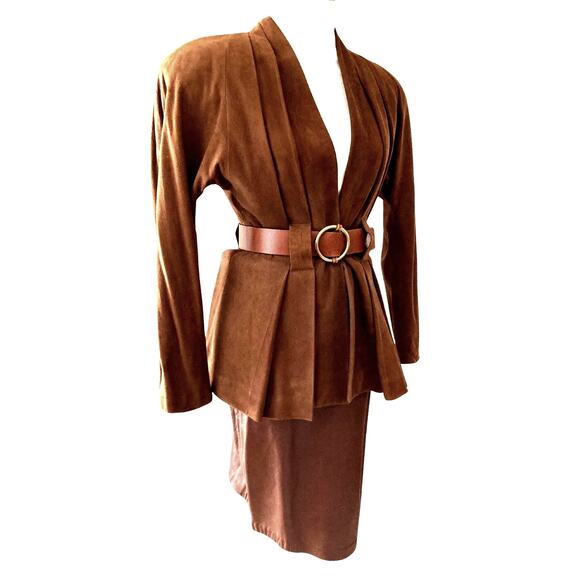 Vintage Spitalnick 1980s Brown Suede Peplum Blazer & Leather Skirt Suit RARE - Picture 3 of 10